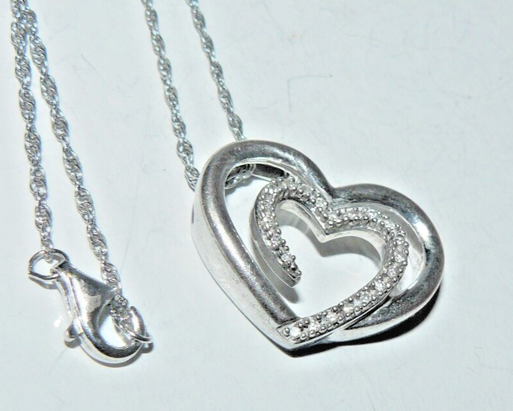 23 Diamond Double Heart Pendant 925 Sterling Silver Necklace 21" Love Marked SLV
